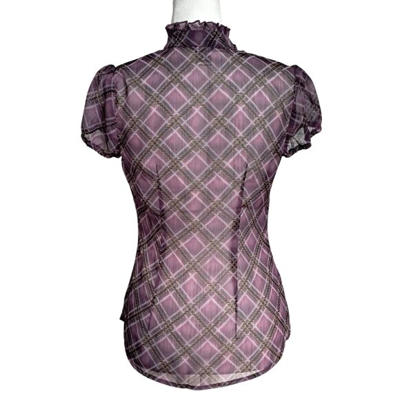 Fairy Grunge Whimsigoth Purple Plaid Sheer Short Sleeve Blouse With Tie Neck 8 - Picture 5 of 10